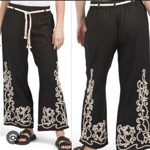 Joie Linen Blend Wide Leg Embroidered Black Pants with Belt